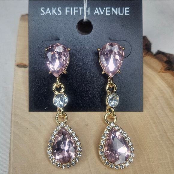 Saks Fifth Avenue Pink Rhinestone Dangle Earrings NWT Sparkle Statement Earring - Picture 2 of 8